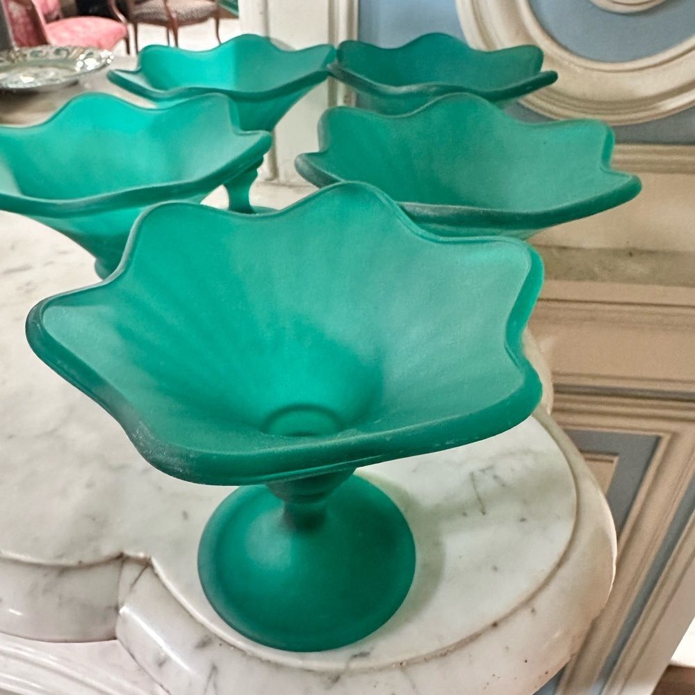 Fidenza Vintage 1960s Glass  Dessert Ice Cream Coupes Cups Teal Frosted x5 Italy